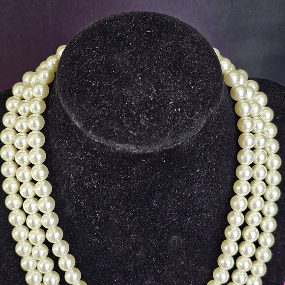 Vintage Faux Pearl Triple Strand Necklace With Ornate Gold Tone Clasp Choker - Picture 5 of 10